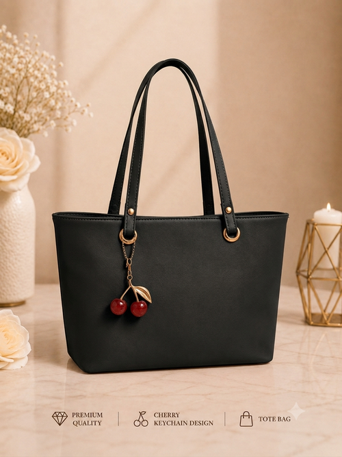 Cherry Charm Women's Tote Bag with Dual Zip Compartments, Back Pocket & Inner Pocket Black
