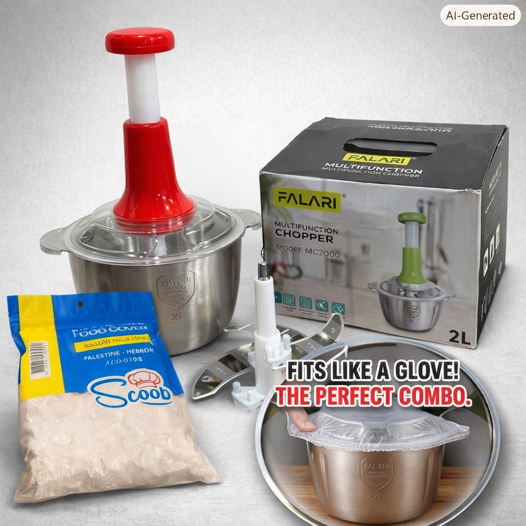 Kitchen Fresh Prep Combo Deal – 2L Manual Hand Press Vegetable Chopper, Meat Mincer & 100 Elastic Stretchable Food Covers - Random Color