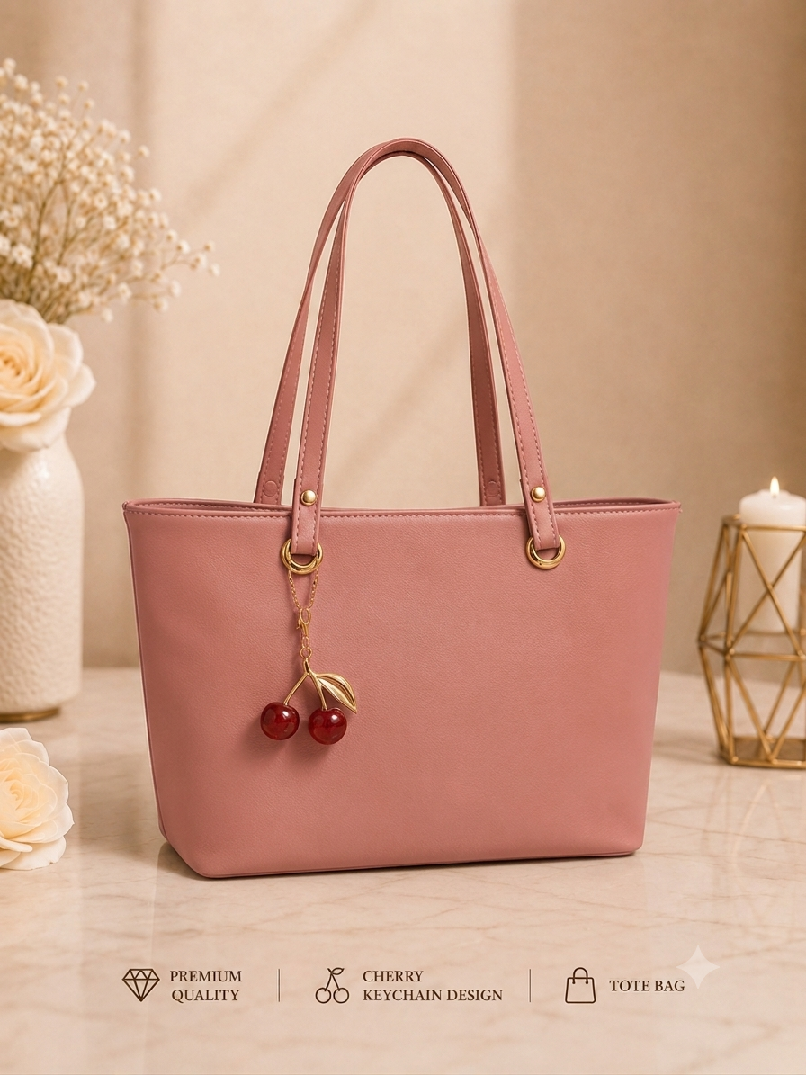 Cherry Charm Women's Tote Bag with Dual Zip Compartments, Back Pocket & Inner Pocket Black