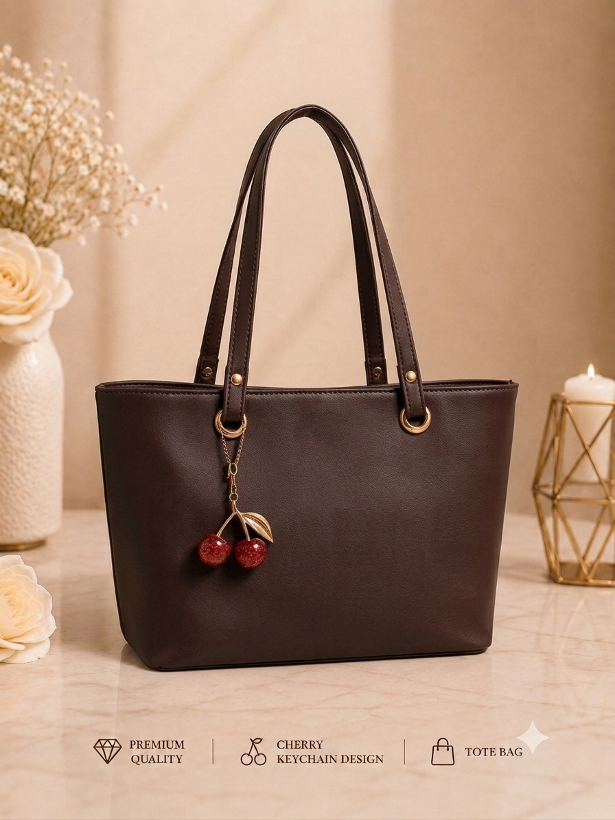 Cherry Charm Women's Tote Bag with Dual Zip Compartments, Back Pocket & Inner Pocket Black
